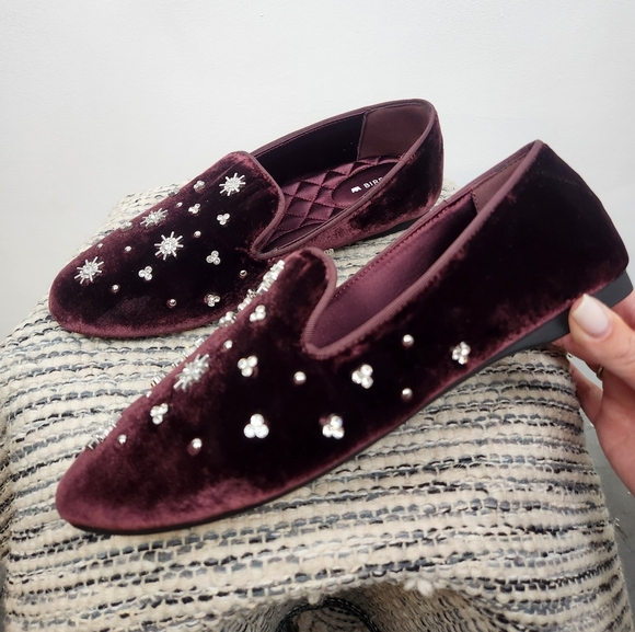 Birdies Shoes - Birdies The Starling Maroon Velvet Crystal Loafer Flats Womens Size 7.5